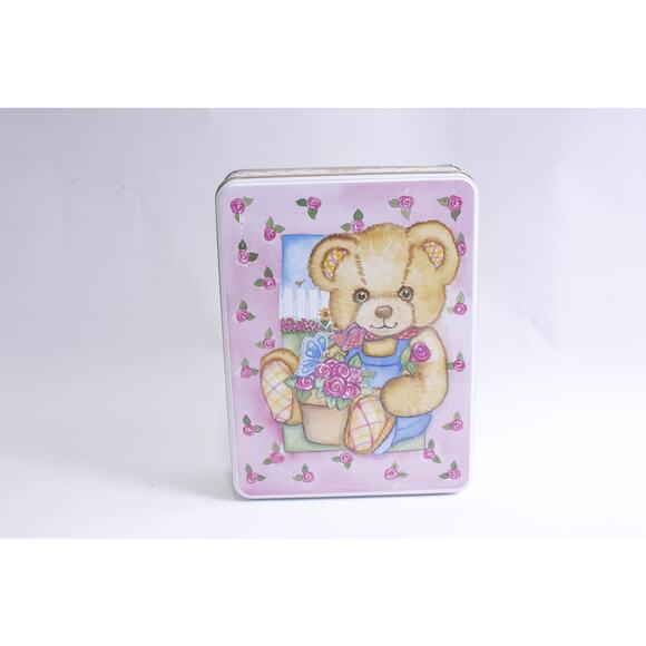 Plush Bear, Pink, Floral, Tin, 1980s, 9" Wide, Rectangle, Trinket, Jewelry, - Picture 1 of 2